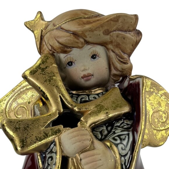 Vintage Ceramic Angel Candle Holder With Star Bow 8.5" Tall Gold & Burgundy Chr - Picture 2 of 10